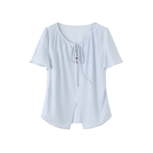 时然微胖大码女装亚麻衬衫2026夏季新款时尚系带显瘦圆领短袖上衣