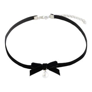 原创秋冬黑色丝绒蝴蝶结choker简约百搭气质珍珠锁骨链项链颈链女