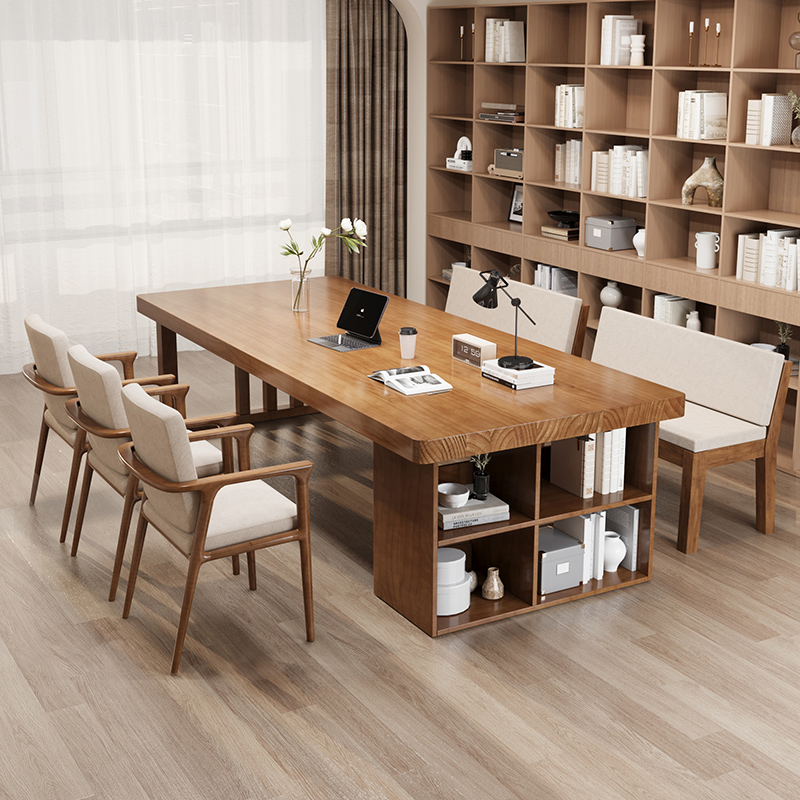 客厅大长书桌带书柜一体写字桌家用办公桌纯实木大板工作台学习桌
