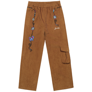 GUUKA潮牌棕色裤子女秋灯芯绒直筒裤 美式复古花朵刺绣工装裤宽松