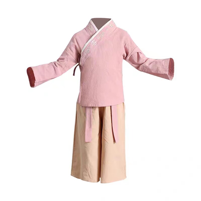 儿童古装汉服棉麻中国风刺绣小孩国学书童三字经长袖七分裤演出服