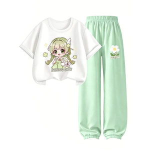 巴布豆女童夏套装2026新款6岁薄款洋气儿童短袖长裤女孩夏季衣服