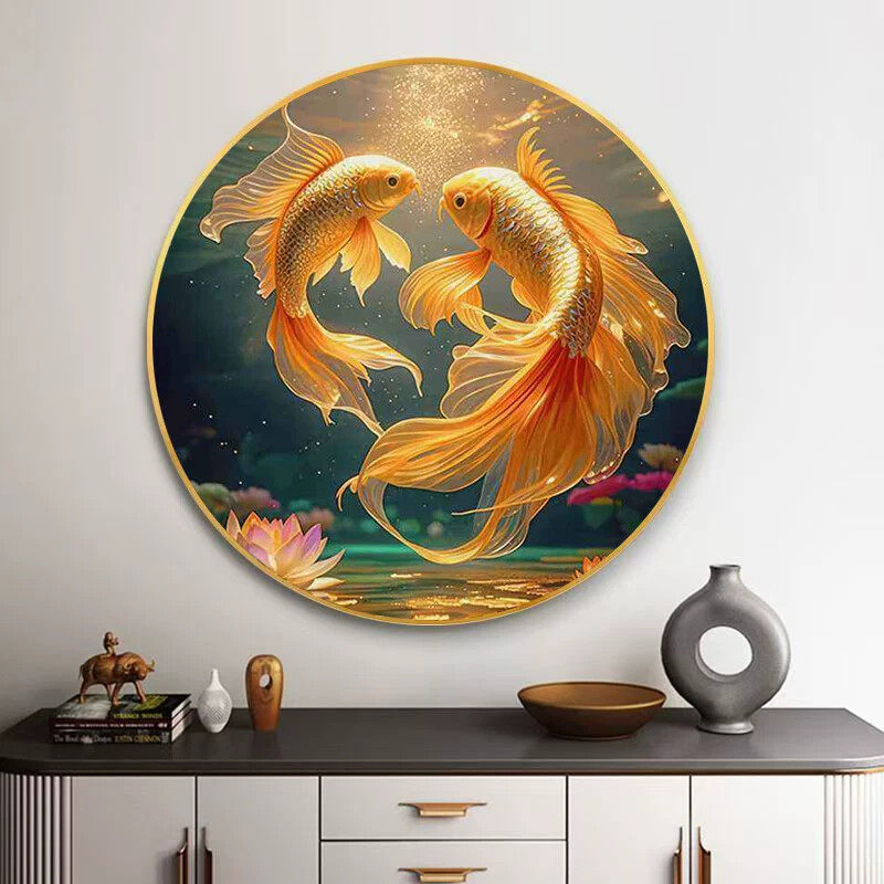 双鱼生财圆形玄关装饰画现代高级感入户正对门壁画走廊过道挂画