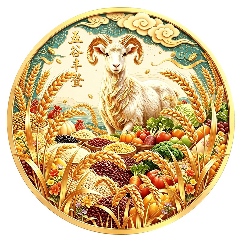 圆形五谷丰登瑞羊墙贴麦穗果蔬贴纸民俗丰收兴旺年味装饰自粘贴画