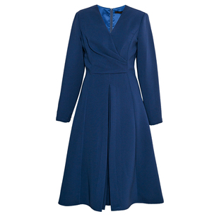 罗衣气质通勤收腰连衣裙女2025秋季新款时尚褶皱蓝色大摆裙11169