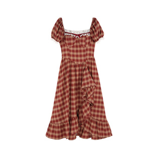 法式复古红色格子连衣裙新款夏季泡泡袖方领长裙浪漫茶歇裙子女