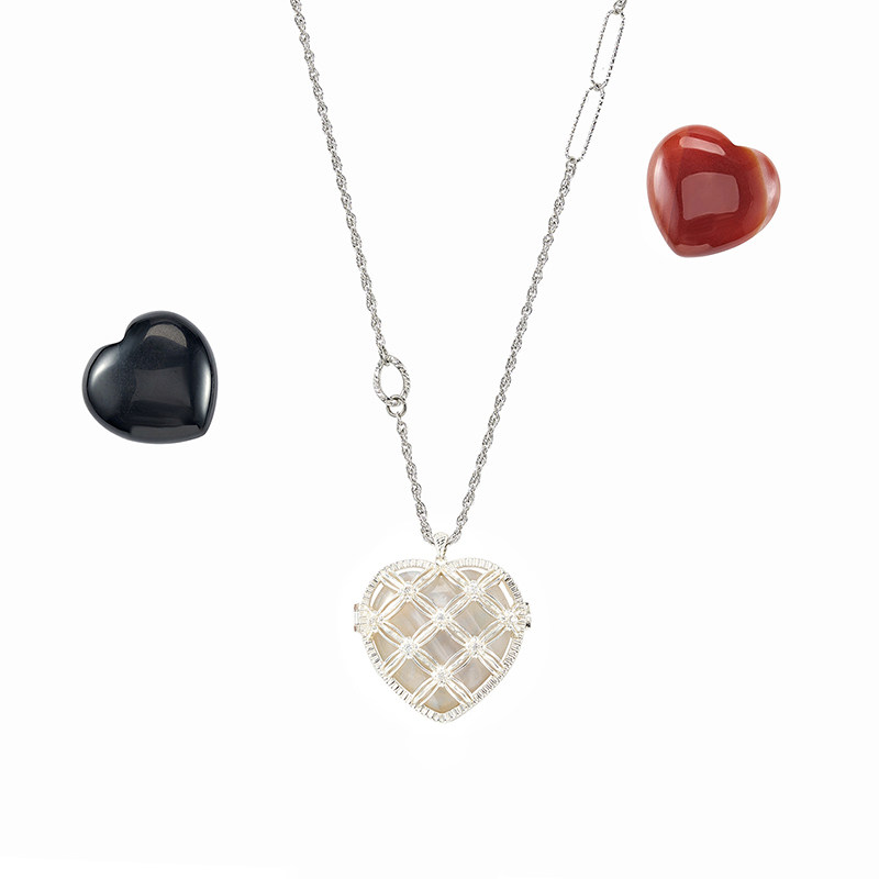 1P Jewelry 银色月光甜心派锆石镶嵌可开合相册式水晶爱心项链