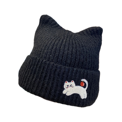 可爱小猫刺绣保暖毛线帽女秋冬季