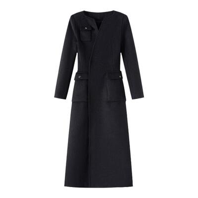 无脊椎原创长款黑色毛呢外套纯棉