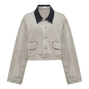 Petit Bari女士拼接真皮领水洗短款牛仔外套 松弛有度 潇洒舒适