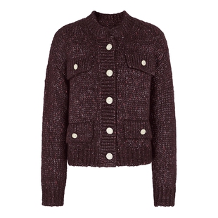 马天奴秋冬新款枣红色圆领单排扣针织开衫上衣女装时尚毛衫小香风