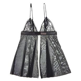 黑色蕾丝吊带睡裙性感低胸深v睡衣女全透明超薄款网纱吊带无钢圈