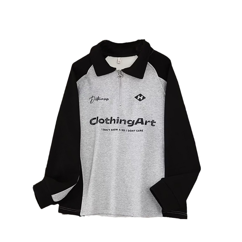 大码胖mmpolo领加绒插肩长袖卫衣女秋季美式印花宽松显瘦遮肚上衣