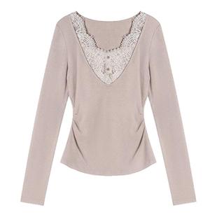 贰羊设计【言沐】蕾丝假两件花边打底衫女修身收腰内搭长袖打底衫