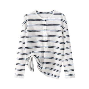 班尼路条纹亨利领长袖罩衫女2026春夏新款亲肤透气宽松休闲上衣N