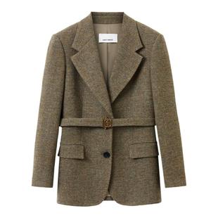 朗姿冬季新款纯羊毛复古人字纹高智西装外套优雅气质收腰西服