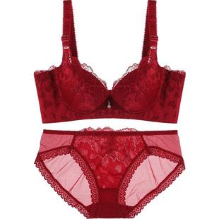 夏娃之秀聚拢红色内衣内裤文胸套装调整聚拢性感蕾丝胸罩收副乳女