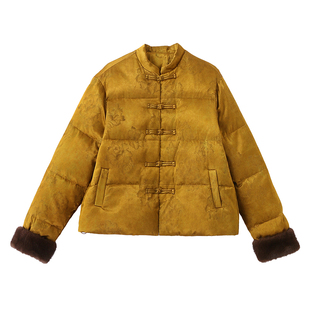 2024年冬装新款女装气质中式白鸭绒羽绒服女立领盘扣提花减龄外套