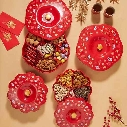 新品 新年带盖喜糖果盒透明分格干果盘客厅家用塑料零食收纳盒新