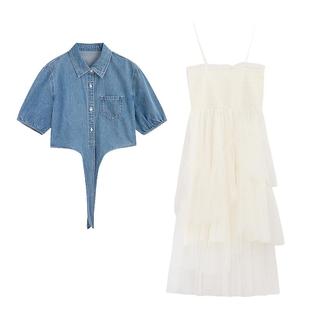 紫涵牛仔外套吊带网纱连衣裙套装女夏季新款休闲上衣仙女裙两件套