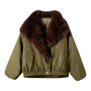 狐狸毛大毛领皮草外套短款女士厚2024冬季飞行服鹅绒羽绒服派克服