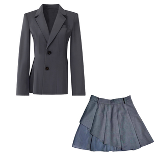 蔡依林同款韩系早秋穿搭套装女灰色西装外套百褶a字半身裙两件套