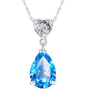 999纯银项链3克拉伦敦蓝宝石天然托帕石水滴蓝眼泪银吊坠女款女士