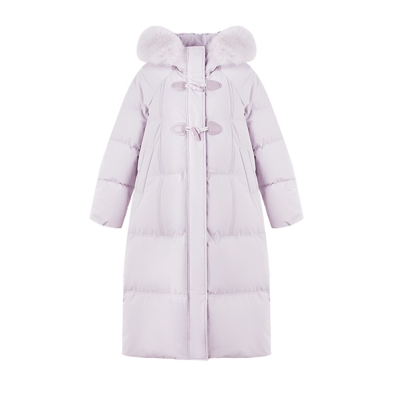 秋水伊人女士羽绒服中长款冬季保暖牛角扣狐狸毛领紫色巨好看外套