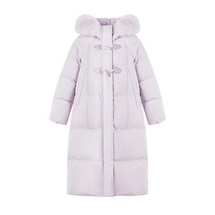 秋水伊人女士羽绒服中长款冬季保暖牛角扣狐狸毛领紫色巨好看外套