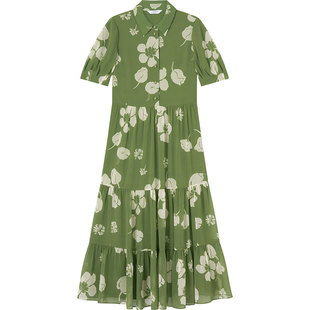 LK BENNETT绿色连衣裙2025年夏新款衬衫领印花抽褶收腰气质蛋糕裙