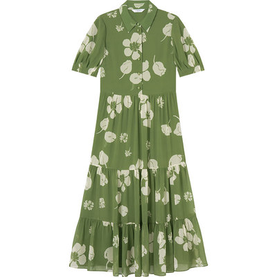 LK BENNETT绿色连衣裙夏新款衬衫领印花抽褶收腰气质蛋糕裙