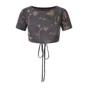 纪小白【霜花短款】冰丝植绒印花露背绑带短上衣肚皮舞古典舞上衣