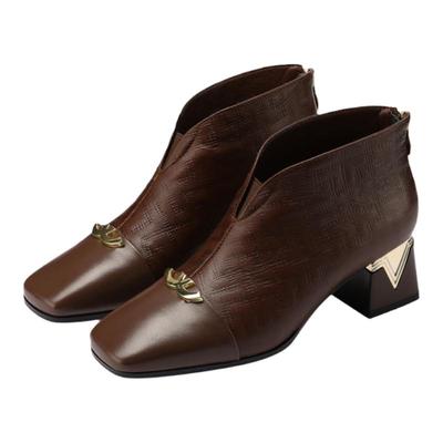 及踝靴女中跟春秋季新款方头真皮中年妈妈鞋时尚短靴复古1690B-11