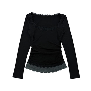 JCAESAR WOMEN 打褶蕾丝拼接打底衫 美利奴羊毛混纺 大u领修身T恤