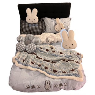 晚安猫自制米米兔全棉刺绣四件套可爱被套纯棉格子床单床笠床品