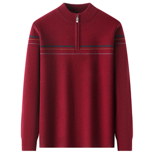 鹿竹中老年爸爸冬季本命年红色毛衣中年男士拉链领加厚保暖打底衫