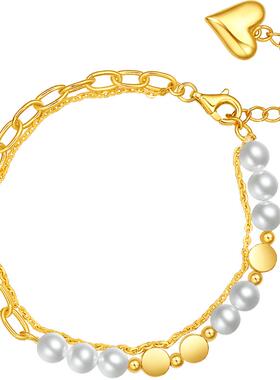 周六福珍珠手链女贝珠甜心手饰S925银黄金色复古少女节日礼物