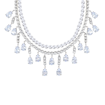 轻奢水滴闪钻珍珠流苏项链女颈链