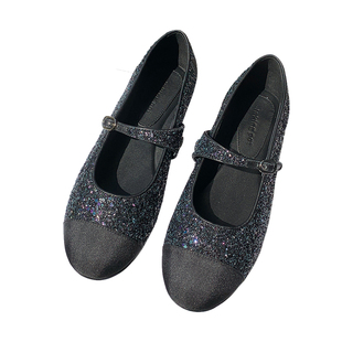 InkingPot彭姐 小香风闪片拼色一字带圆头真皮玛丽珍单鞋女早春新