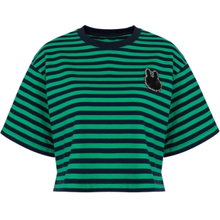 URLAZH有兰新款复古时尚设计感黑绿色条纹短款休闲百搭短袖t恤女