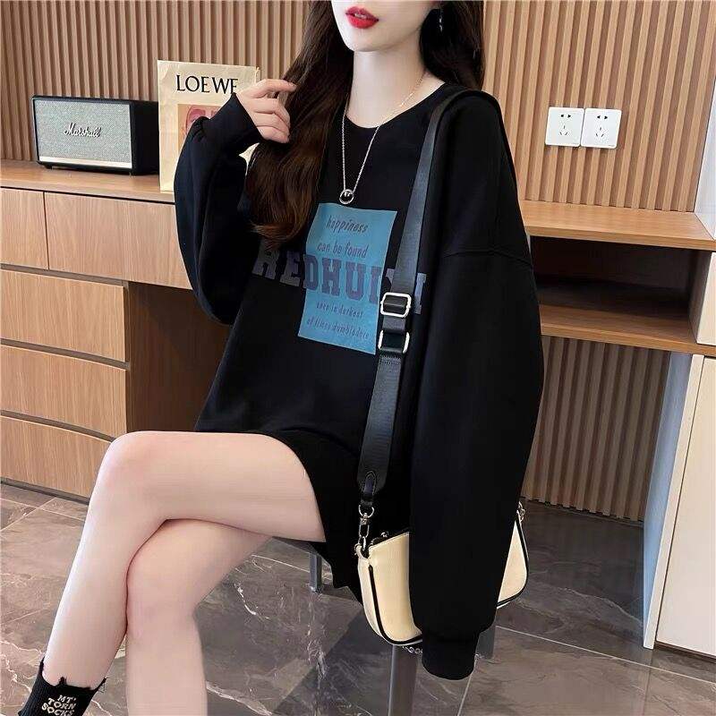 中长款遮屁股圆领无帽加绒加厚秋冬百搭纯棉卫衣女款大码胖mm上衣