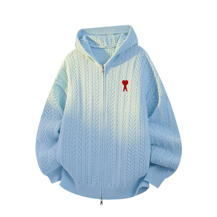 Ami iepo官方美式双拉链开衫毛衣男女秋冬新款潮牌针织衫连帽外套