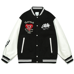 GUUKA美式复古黑色棒球羽绒服男款轻薄 爱心刺绣夹克羽绒外套宽松