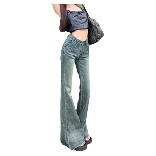 RTRX复古低腰微喇叭牛仔裤女秋季2024年新款拼接毛边显瘦拖地长裤