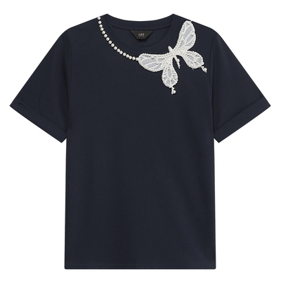 白鹿语重工蝴蝶钉珠短袖T恤女