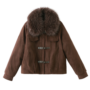 石墨烯云绒皮棉服女短款2025冬季新款宽松加厚保暖大毛领棉衣外套