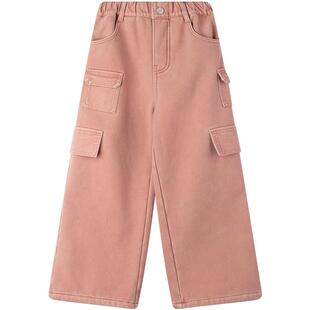 【厚实加绒】潮牌工装裤百搭粉色男女童美式口袋牛仔裤裤子冬季