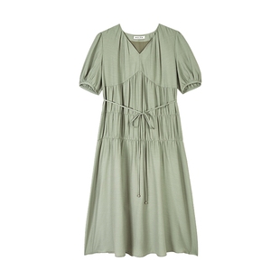 进口醋纤/MSLAN丁达尔裙 法式赫本风气质蓝色系带连衣裙MFBE4144