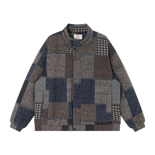 日系复古民族风立领拼接棉衣男加厚宽松外套冬季棉服2025格子蓝色