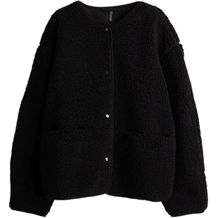 HM女装短外套冬季圆领保暖宽松小香风泰迪绒夹克 1228915